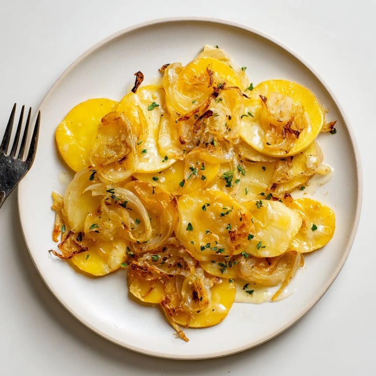 Golden brown French Onion Soup Potatoes with caramelized onions, ready to serve with a garnish of parsley.