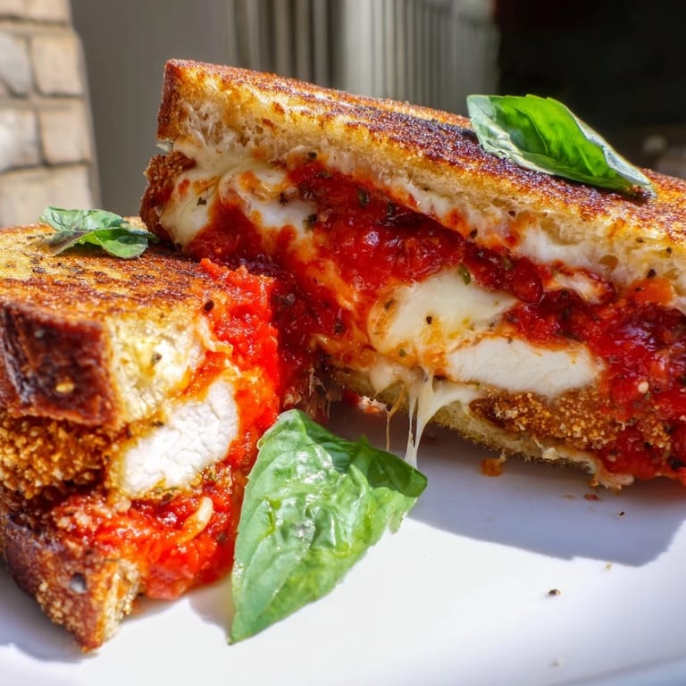 Warm and cheesy Chicken Parm Grilled Cheese sandwich, served with a side of marinara sauce.