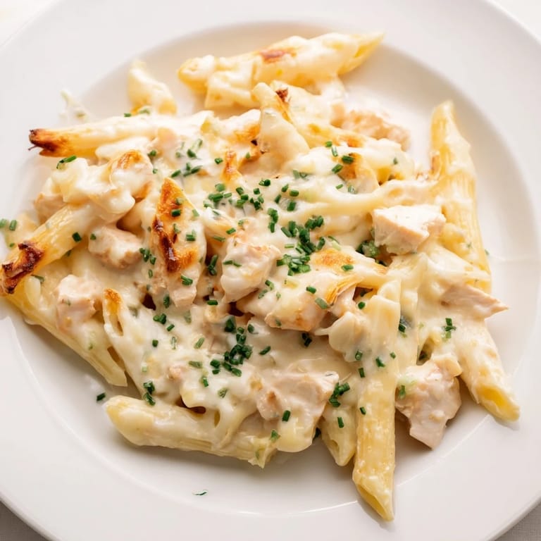 Golden, bubbling Chicken Ranch Pasta Bake, with a creamy sauce and tender chicken visible.