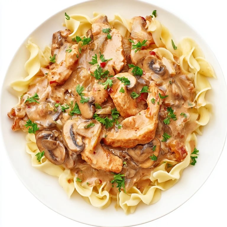 This close-up shows a comforting bowl of Chicken and Mushroom Stroganoff, ready to enjoy.