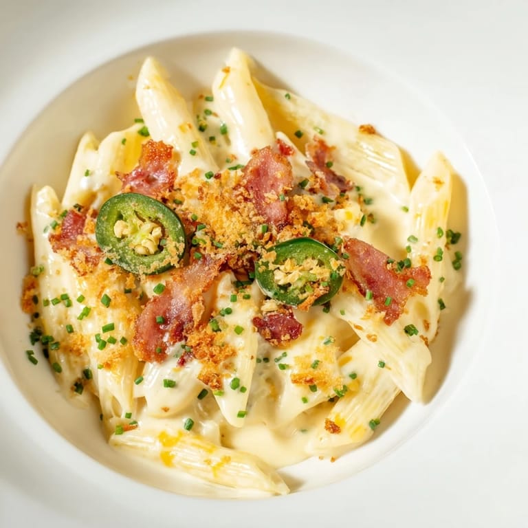 A close-up view of Jalapeño Popper Pasta, with melted cheese and bacon crumbles on top.