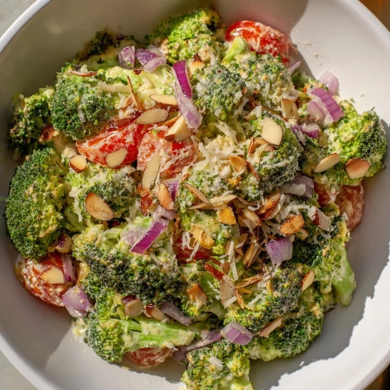 A close-up of a delightful Garlic Parmesan Broccoli Salad inviting you to enjoy its crisp texture.
