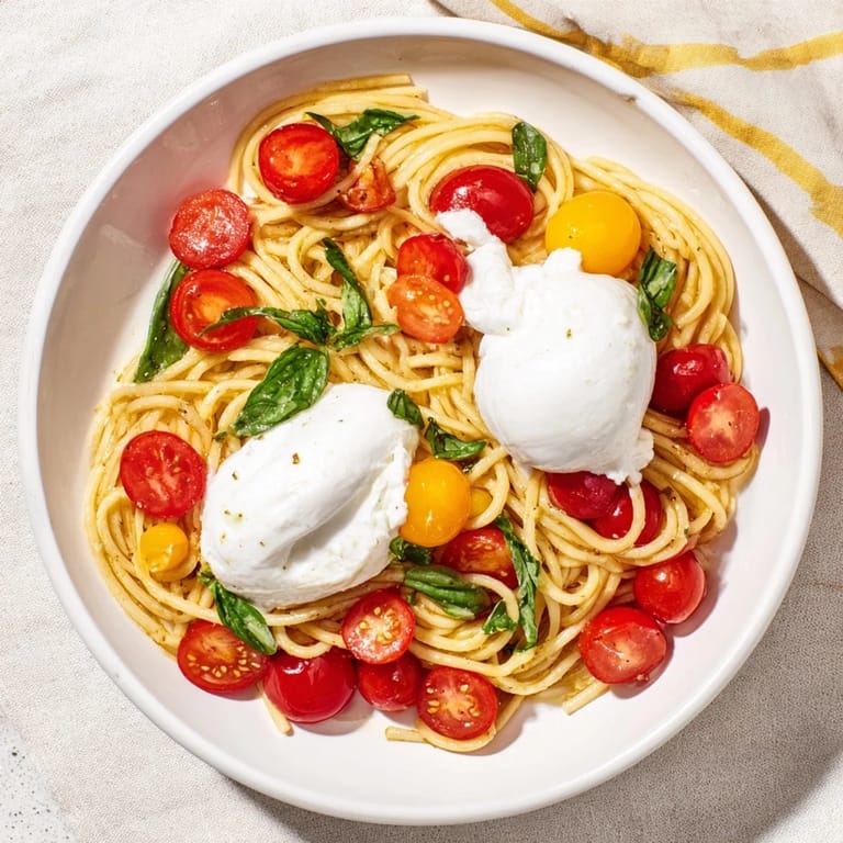 Burrata Caprese pasta, plated and ready, with a satisfying cheese pull of melted burrata.