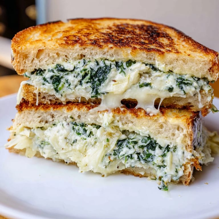 Crispy sourdough hugging a gooey core of Artichoke Spinach Grilled Cheese, ready to melt in your mouth.