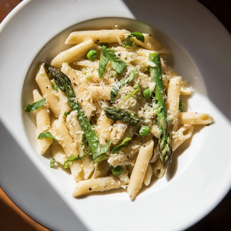 This Garlic Parmesan Spring Vegetable Pasta features tender green beans and asparagus in a rich, flavorful sauce.