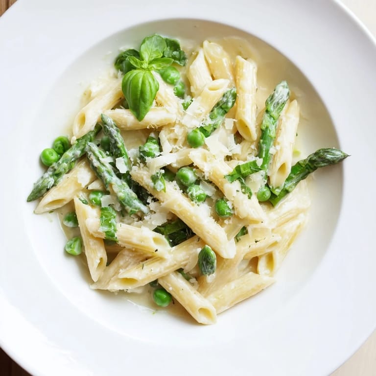 Vivid image of Garlic Parmesan Spring Vegetable Pasta, piled high with fresh herbs and grated Parmesan.