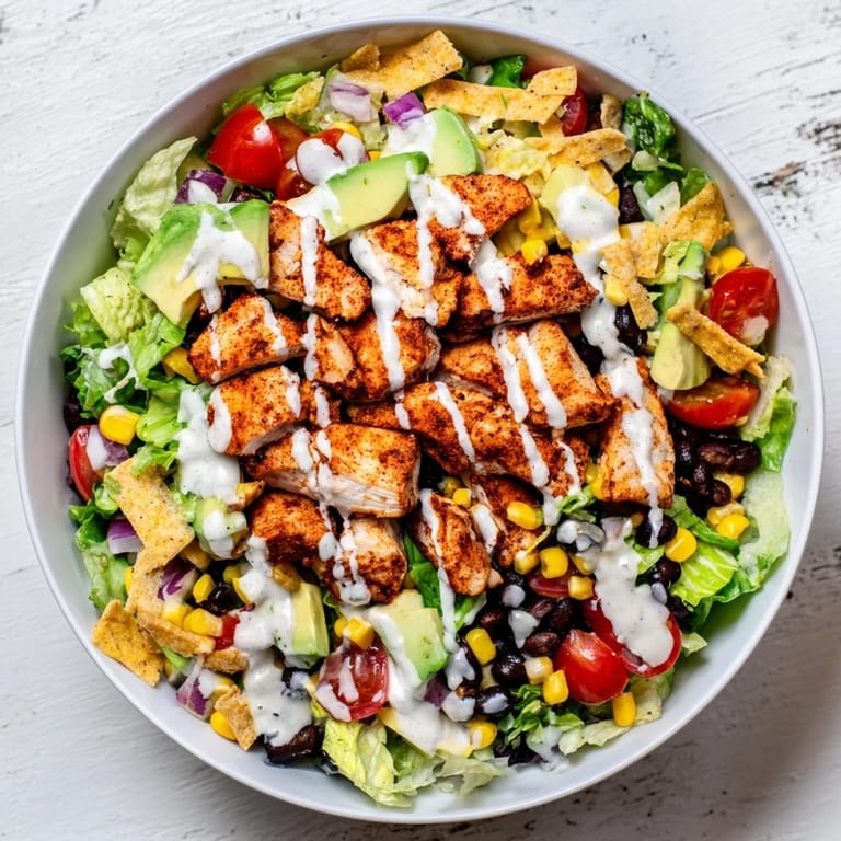 Tex-Mex Chicken Taco Chopped Salad with colorful ingredients and crispy tortilla chip topping, ready to eat.