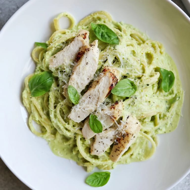 A bowl of Creamy Avocado Chicken Pasta with freshly grated Parmesan and basil, ready to serve.