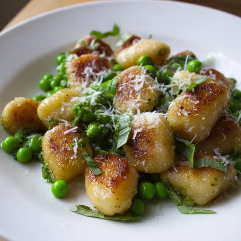 Quick and easy Pesto Pea Gnocchi, a vegetarian skillet meal with crisp gnocchi and vibrant flavors.
