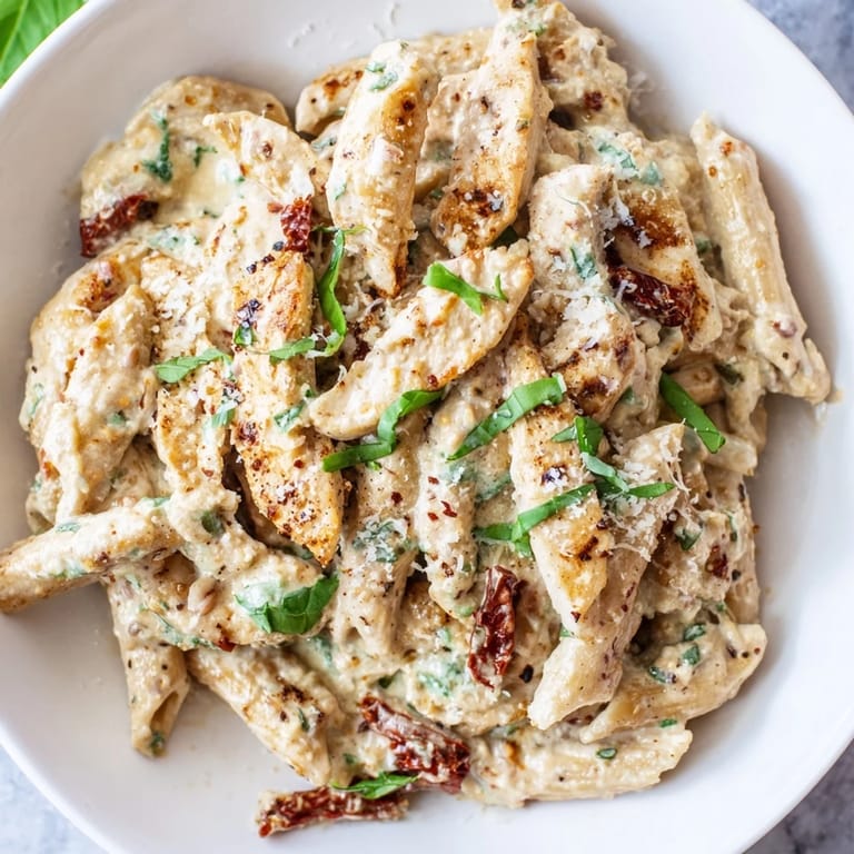 This Creamy Sun-Dried Tomato Chicken Pasta boasts a savory aroma, with basil and Parmesan sprinkled on top.