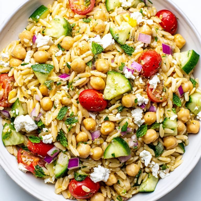 Freshly tossed Lemony Chickpea Orzo Salad with vibrant herbs and crumbled feta for a flavorful bite.