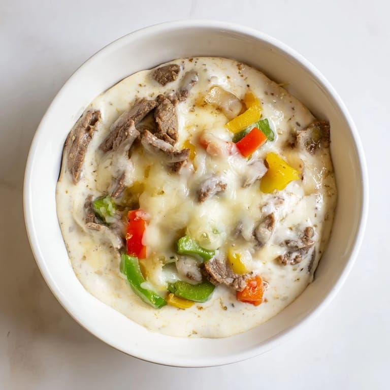 Serving spoon dipping into hot Philly Cheesesteak Dip, revealing creamy texture and tender shaved ribeye inside.