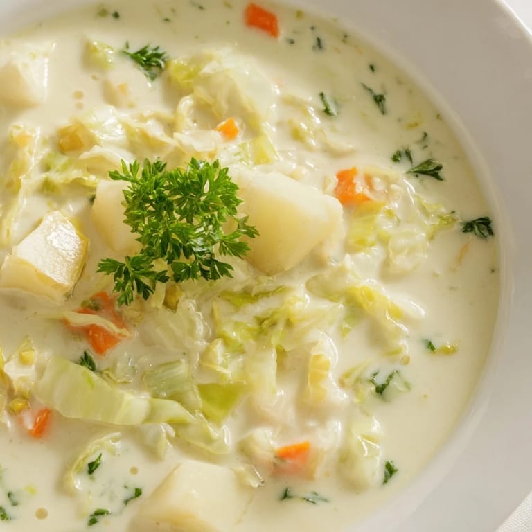 Creamy Potato Soup with Cabbage in a rustic bowl, featuring tender potato chunks and shredded green cabbage.