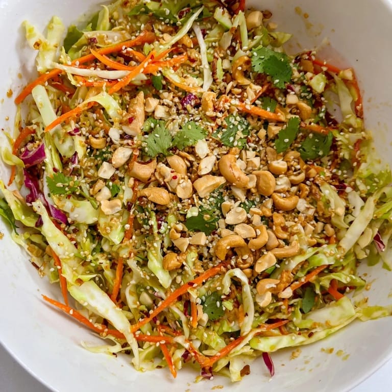 Vibrant Asian Cabbage Salad served in a rustic bowl, featuring julienned carrots and sliced green onions for a colorful, refreshing side dish.  