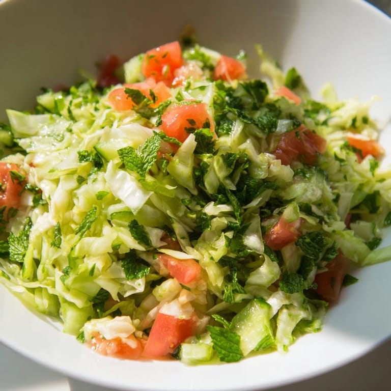 Close-up of Lebanese Cabbage Salad featuring crisp cabbage, juicy tomatoes, cucumber, and green onions in a glistening lemon olive oil dressing.
