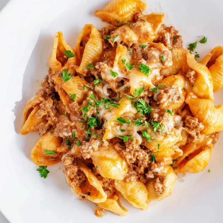 Close-up of creamy One Pot Creamy Beef and Shells pasta with tender ground beef and rich red tomato sauce.  