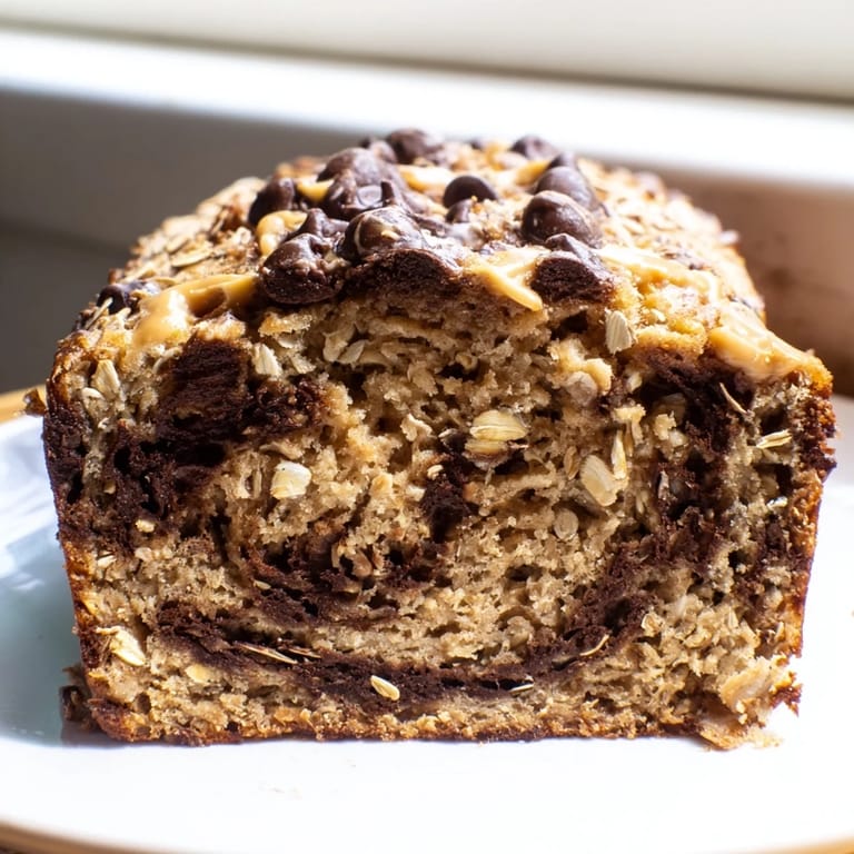 Freshly baked loaf of Chocolate Chip Peanut Butter Oatmeal Banana Bread with melty chips, perfect for a wholesome snack.  