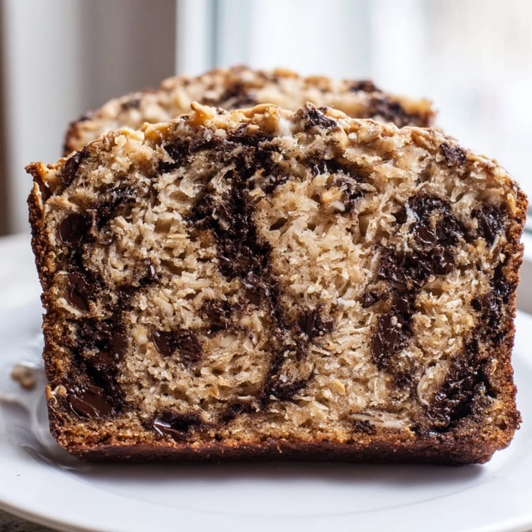 A close-up of warm Chocolate Chip Peanut Butter Oatmeal Banana Bread showing oats, peanuts, and a tender crumb.