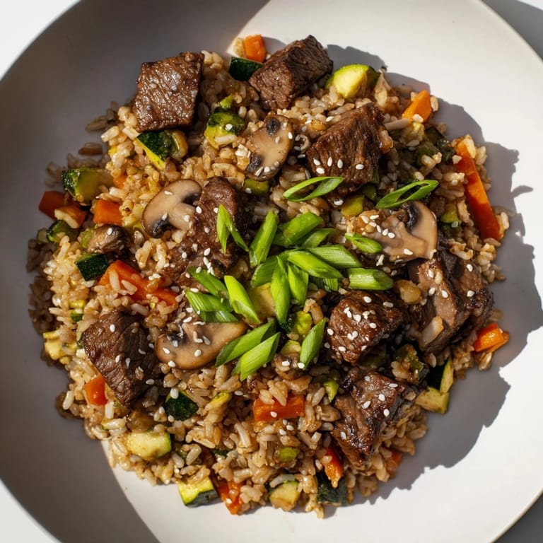 Close-up on Easy Hibachi Steak with sautéed vegetables and fluffy fried rice, garnished with fresh green onions and sesame seeds.  