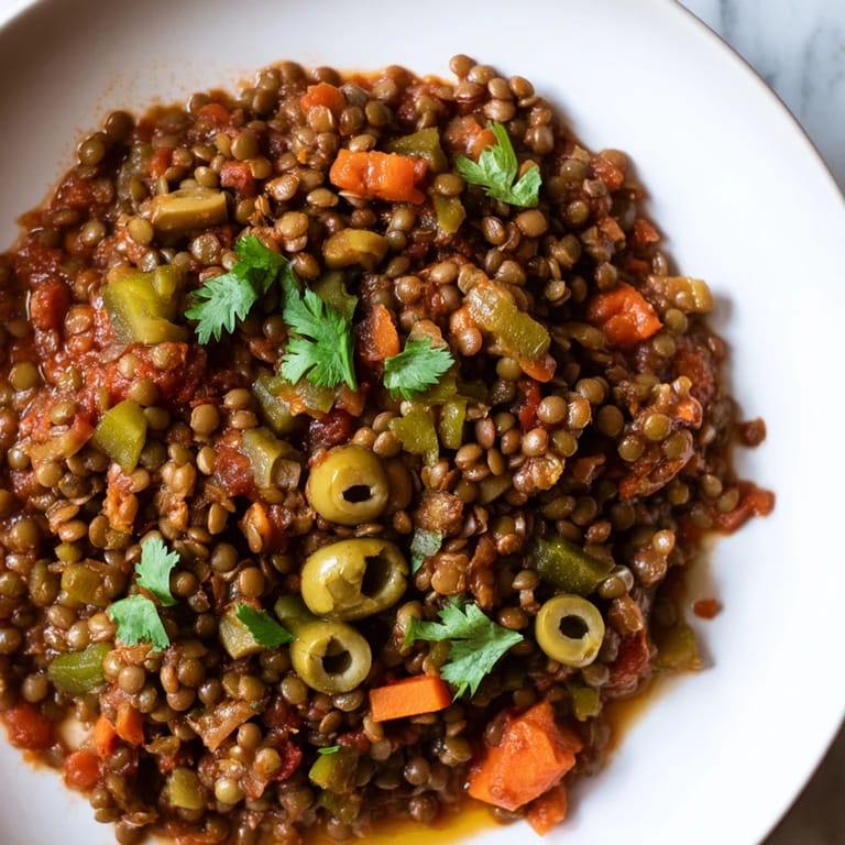 Hearty vegan Cuban-Inspired Lentil Picadillo served in a rustic bowl, featuring carrots, green olives, and aromatic spices.