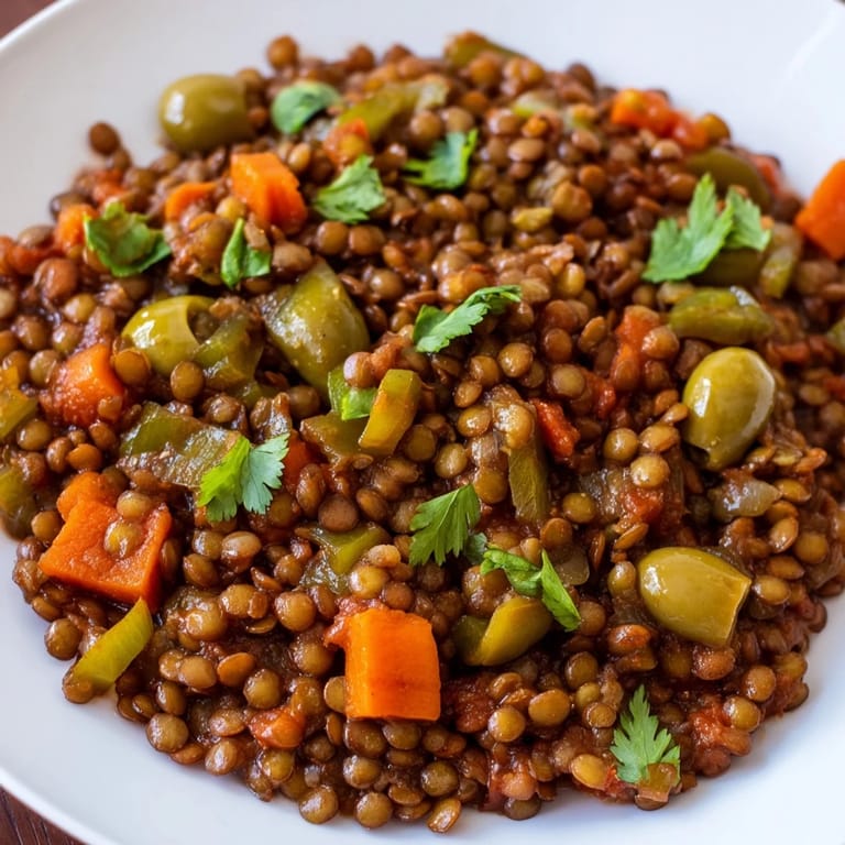 Savory-sweet Cuban-Inspired Lentil Picadillo plated with fluffy rice, a vibrant main dish perfect for a family dinner.