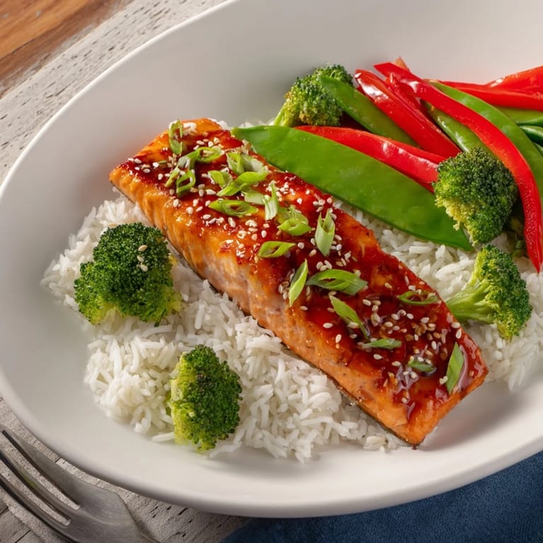 Close-up of juicy maple soy glazed salmon with sticky sweet sauce, bright red bell peppers, and crisp vegetables alongside steamed jasmine rice.