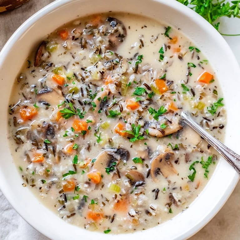 Savory Wild Rice Mushroom Soup ladled into a white ceramic bowl, showcasing tender grains and sliced mushrooms.