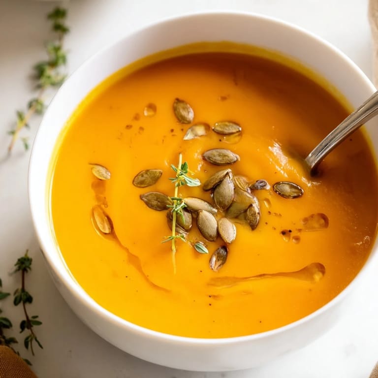 Silky pureed butternut squash soup with a drizzle of maple syrup and fresh thyme.