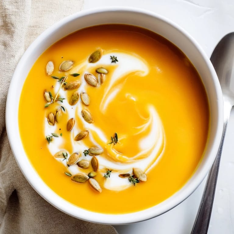 Easy autumn butternut squash and apple soup, blended to a smooth, orange purée and topped with fresh thyme in a white ceramic bowl.
