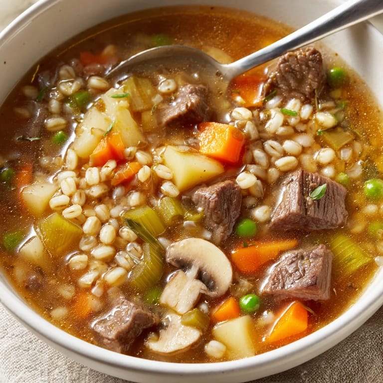 Savory Beef and Barley Soup with mushrooms and green peas simmering in a ladle over the pot.