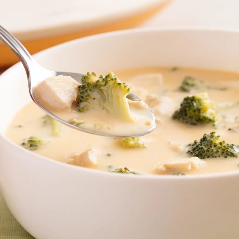 A spoon dips into rich, velvety Chicken Broccoli Cheddar Soup garnished with extra cheese, ready to serve with crusty bread.