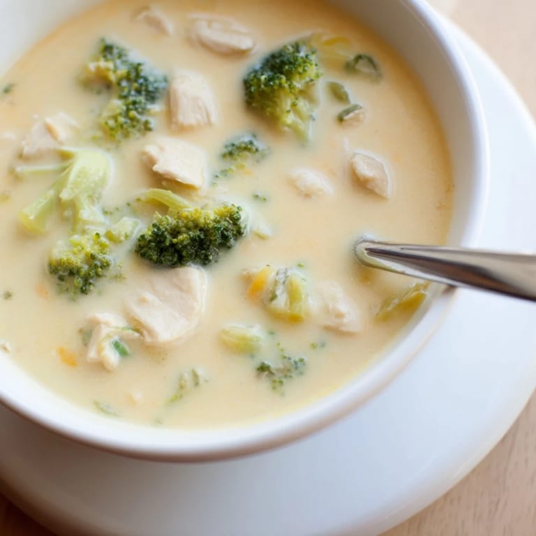 Close-up of homemade Chicken Broccoli Cheddar Soup with chunks of chicken, fresh broccoli, and melted cheddar in a rustic pot.