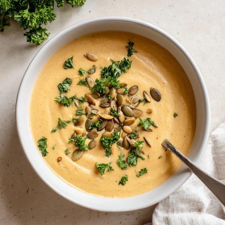 A spoon dips into a bowl of velvety Roasted Broccoli and Butternut Squash Soup, highlighting its smooth, comforting texture.