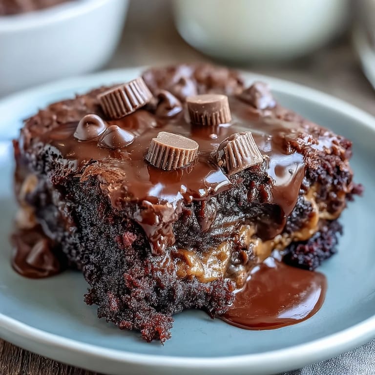 A freshly baked Rich Peanut Butter Cup Dump Cake in a 9x13 pan, chocolate cake and peanut butter cups.