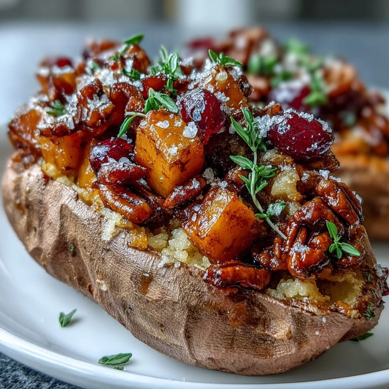 A serving of Cranberry Apple Twice Baked Sweet Potatoes drizzled with maple syrup, sliced open to reveal filling.