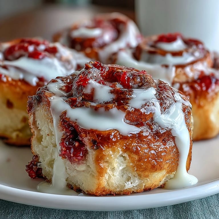 Warm Strawberry Cinnamon Rolls oozing with strawberry filling, served on a rustic wooden board.  