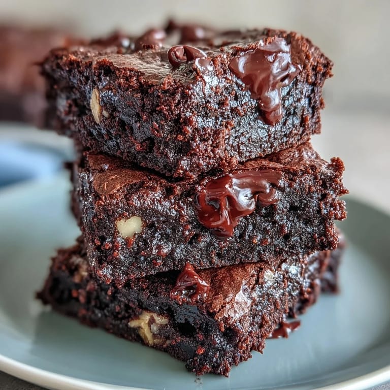 A close-up of moist Greek Yogurt Brownies, richly dusted with cocoa powder and sliced to reveal a fudgy, chocolatey interior without oil or butter.