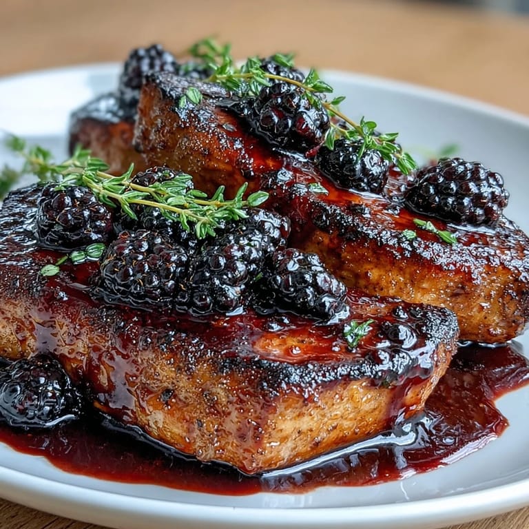 Golden Bourbon Blackberry Pork Chops on a plate, topped with fresh blackberries and thyme.