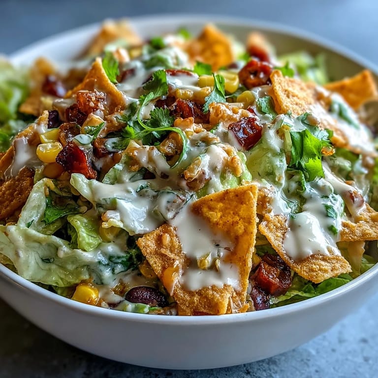 Close-up of Frito Cowboy Cabbage salad, where creamy chipotle dressing coats the ingredients and extra Chili Cheese Fritos add a satisfying, salty crunch on top.
