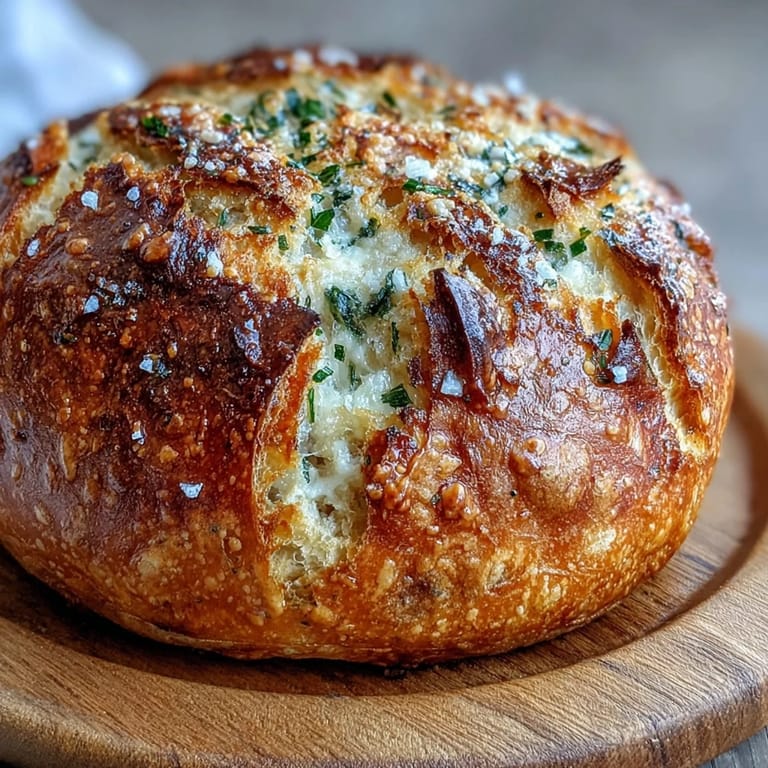 Freshly baked Perfect Parmesan Garlic Artisan Bread loaf with visible garlic and rosemary, served with soup.  
