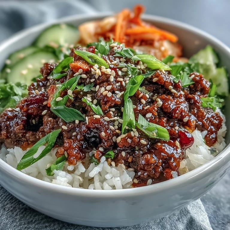 Steaming Korean Ground Beef Bowl topped with fresh veggies, kimchi, and sesame seeds.
