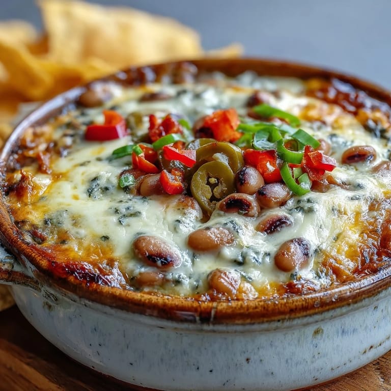 A creamy Hot Black-Eyed Pea Dip bubbling in a ceramic dish, flecked with green onions and red pepper.
