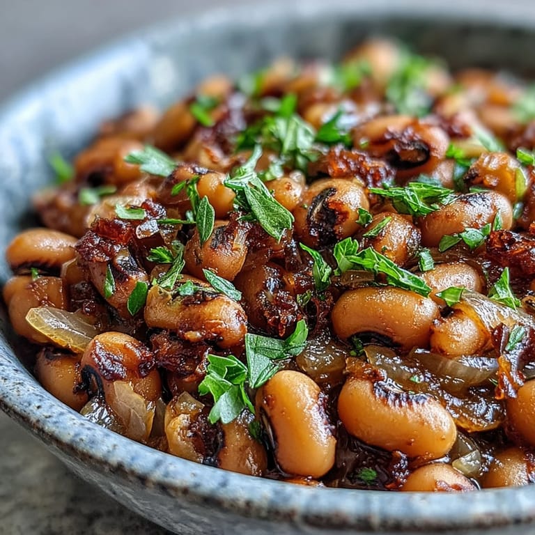 A steaming bowl of the quick Frozen Black-Eyed Peas recipe garnished with fresh parsley and a bay leaf.