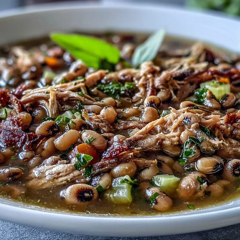 Tender black-eyed peas simmered with shredded smoked turkey in a hearty Southern broth, finished with a dash of hot sauce. 