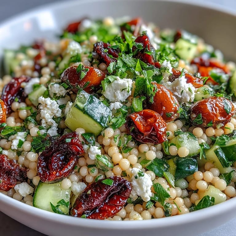 Healthy Mediterranean Pearl Couscous with diced vegetables, onions, and olives in a homemade red wine vinegar dressing, perfect for a quick vegetarian lunch.