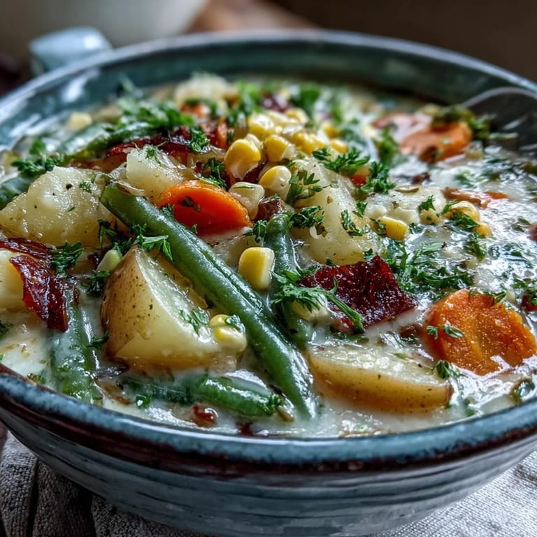 Creamy Amish Snow Day Soup in a rustic bowl, featuring potatoes, carrots, and corn served with crusty bread.