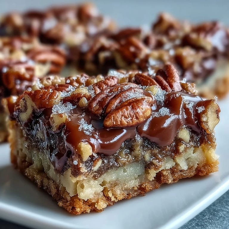 Warm Decadent Sweet and Chewy Turtle Bars are stacked high, drizzled with extra chocolate and caramel on a plate.