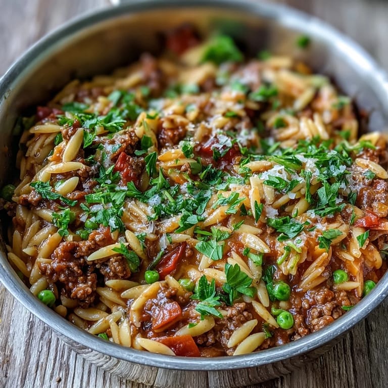 Sizzling Comforting Ground Beef Orzo Dinner with peas and Parmesan, ready for a family weeknight meal with garlic bread.