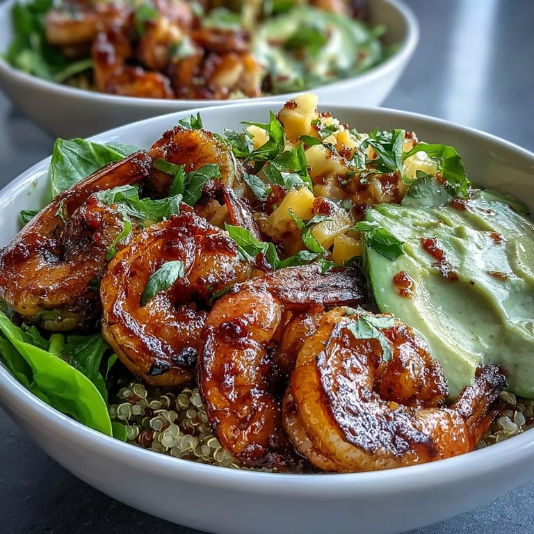 Grilled Fresh Shrimp and Creamy Avocado Bowls served over quinoa with zesty mango salsa and a dollop of lime chili sauce.