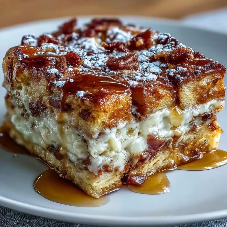 Slices of warm Monte Cristo Breakfast Casserole served with fresh berries and a side of syrup.